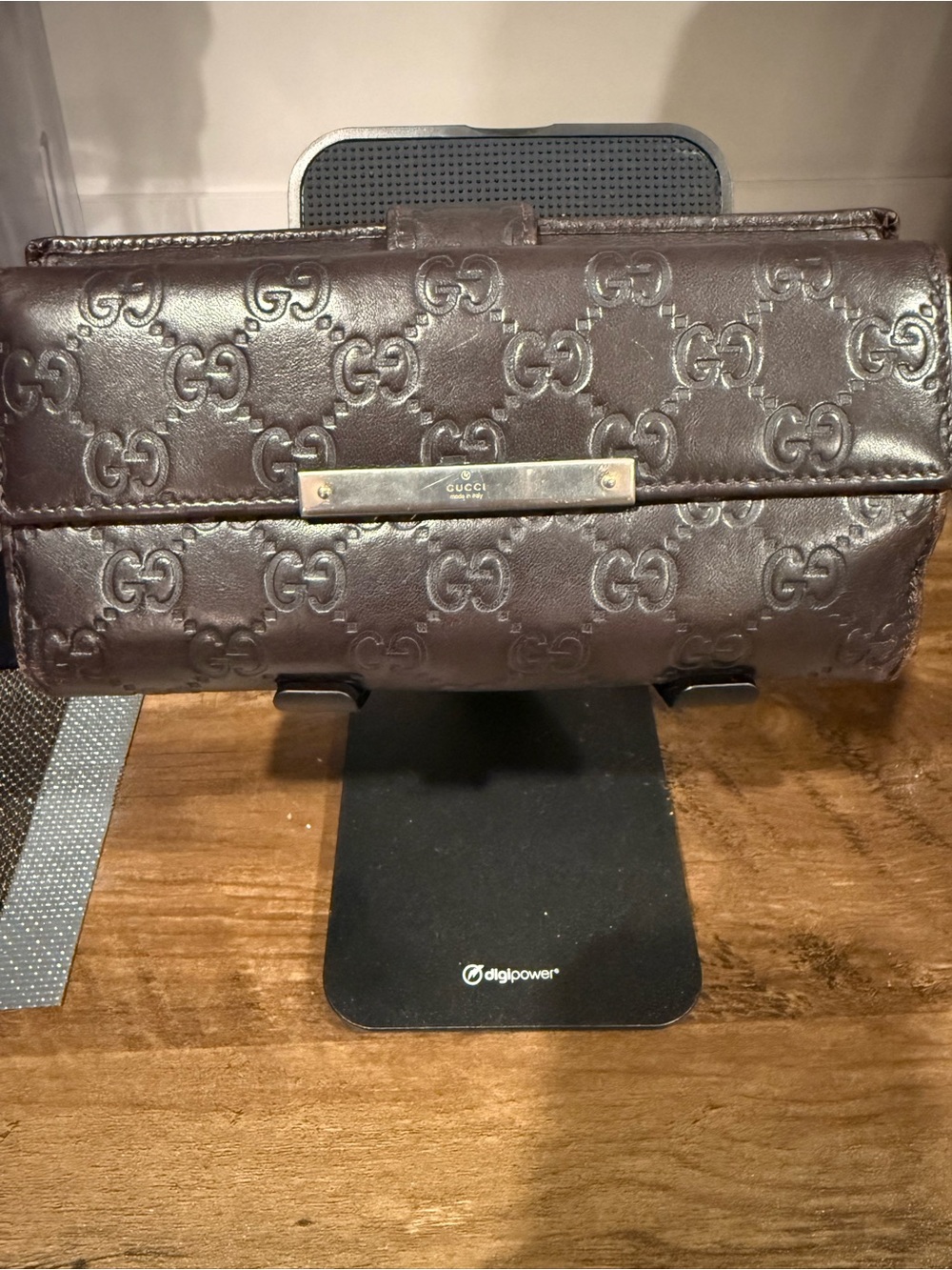 Gucci Guccissa Brown Embossed GG Leather Clutch Wallet with Metal Plaque